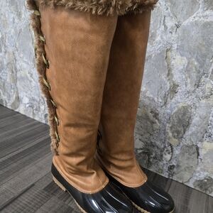 Women's Over-the-Knee Brown Faux-Shearling Trim Winter Boots